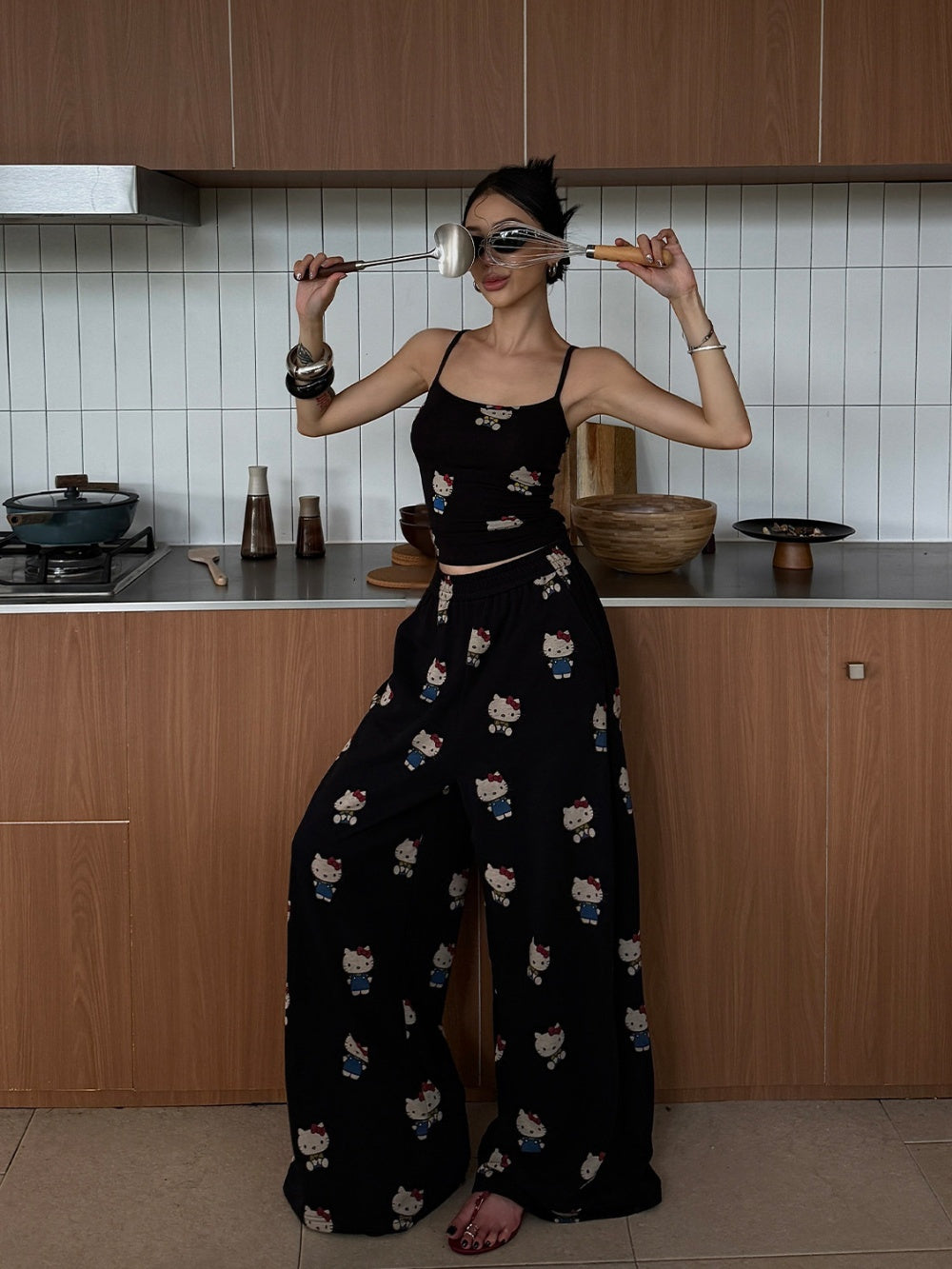 Hello Kitty Y2K Streetwear Cami & Wide-Leg Lounge Pants 2-Piece Set