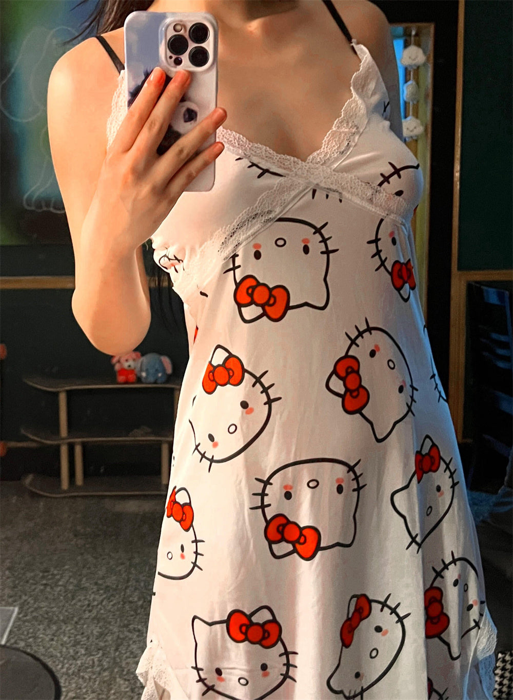 Kawaii Cartoon Lace Slit Slip Nightdress – Y2K Coquette Satin-Touch Spaghetti Strap Sleepwear (Hello Kitty, Kuromi & My Melody)