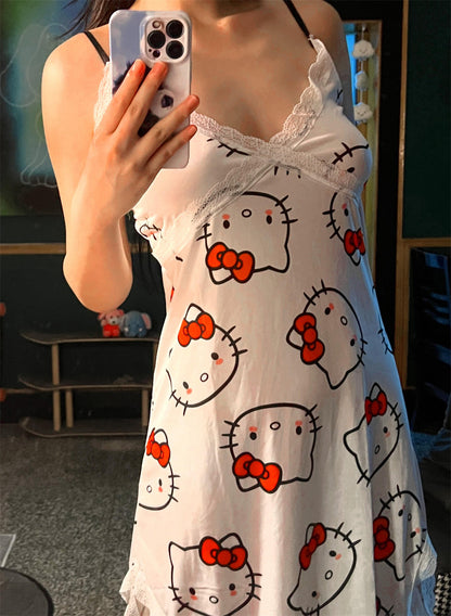 Kawaii Cartoon Lace Slit Slip Nightdress – Y2K Coquette Satin-Touch Spaghetti Strap Sleepwear (Hello Kitty, Kuromi & My Melody)