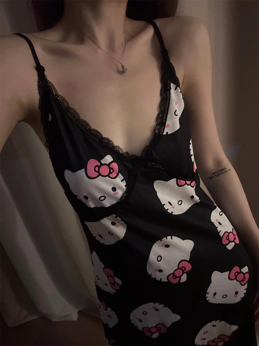 Kawaii Cartoon Lace Slit Slip Nightdress – Y2K Coquette Satin-Touch Spaghetti Strap Sleepwear (Hello Kitty, Kuromi & My Melody)