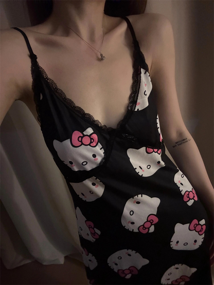Kawaii Cartoon Lace Slit Slip Nightdress – Y2K Coquette Satin-Touch Spaghetti Strap Sleepwear (Hello Kitty, Kuromi & My Melody)