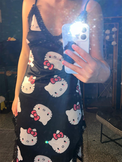Kawaii Cartoon Lace Slit Slip Nightdress – Y2K Coquette Satin-Touch Spaghetti Strap Sleepwear (Hello Kitty, Kuromi & My Melody)