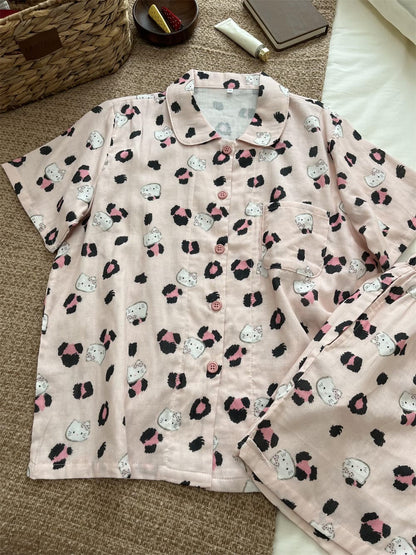 Pink Leopard Print Hello Kitty Cotton Pajama Set, Short Sleeve Button Down Sleepwear S–XL