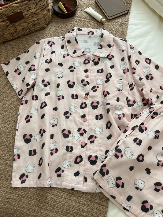 Pink Leopard Print Hello Kitty Cotton Pajama Set, Short Sleeve Button Down Sleepwear S–XL