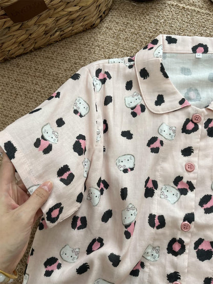 Pink Leopard Print Hello Kitty Cotton Pajama Set, Short Sleeve Button Down Sleepwear S–XL
