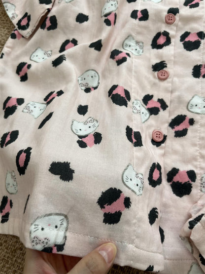 Pink Leopard Print Hello Kitty Cotton Pajama Set, Short Sleeve Button Down Sleepwear S–XL