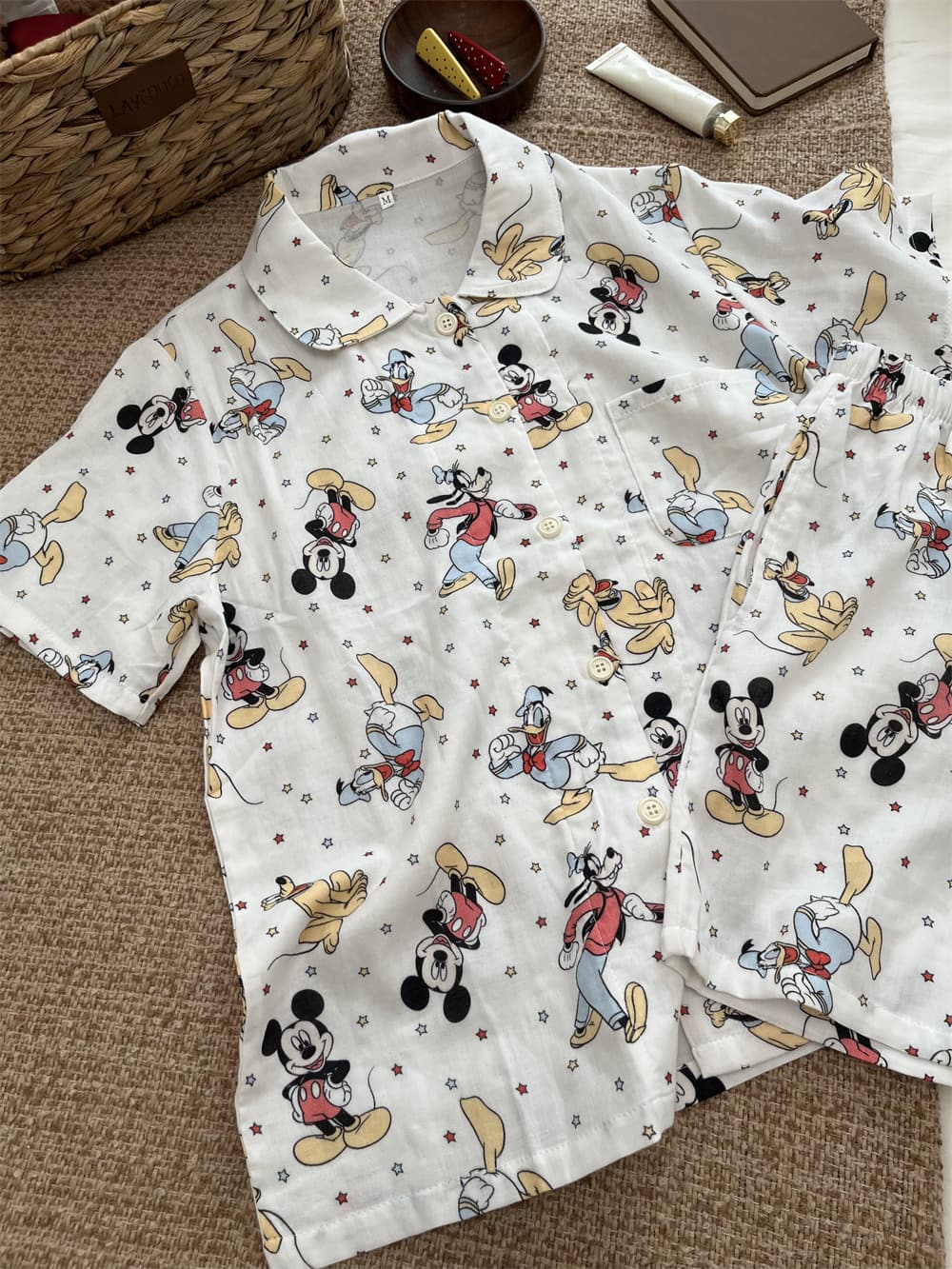 Disney Mickey Donald Pluto Goofy Print Cotton Pajama Set, Women Short Sleeve Button Down Loungewear S-XL
