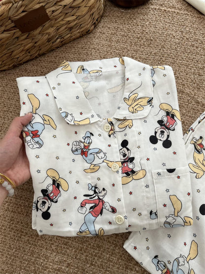 Disney Mickey Donald Pluto Goofy Print Cotton Pajama Set, Women Short Sleeve Button Down Loungewear S-XL