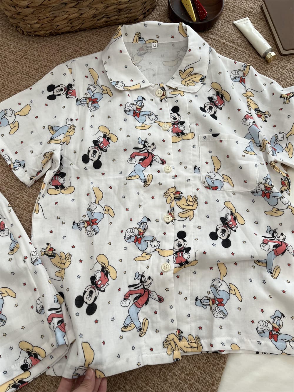 Disney Mickey Donald Pluto Goofy Print Cotton Pajama Set, Women Short Sleeve Button Down Loungewear S-XL