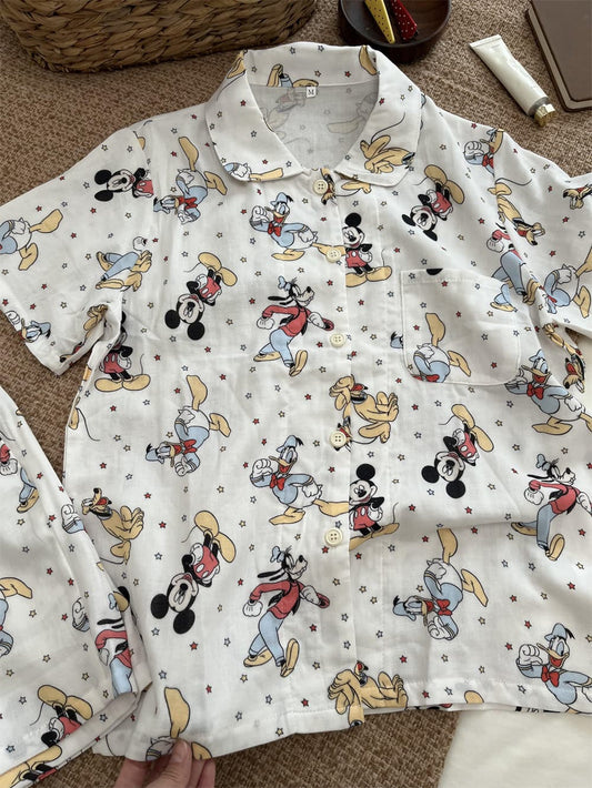 Disney Mickey Donald Pluto Goofy Print Cotton Pajama Set, Women Short Sleeve Button Down Loungewear S-XL