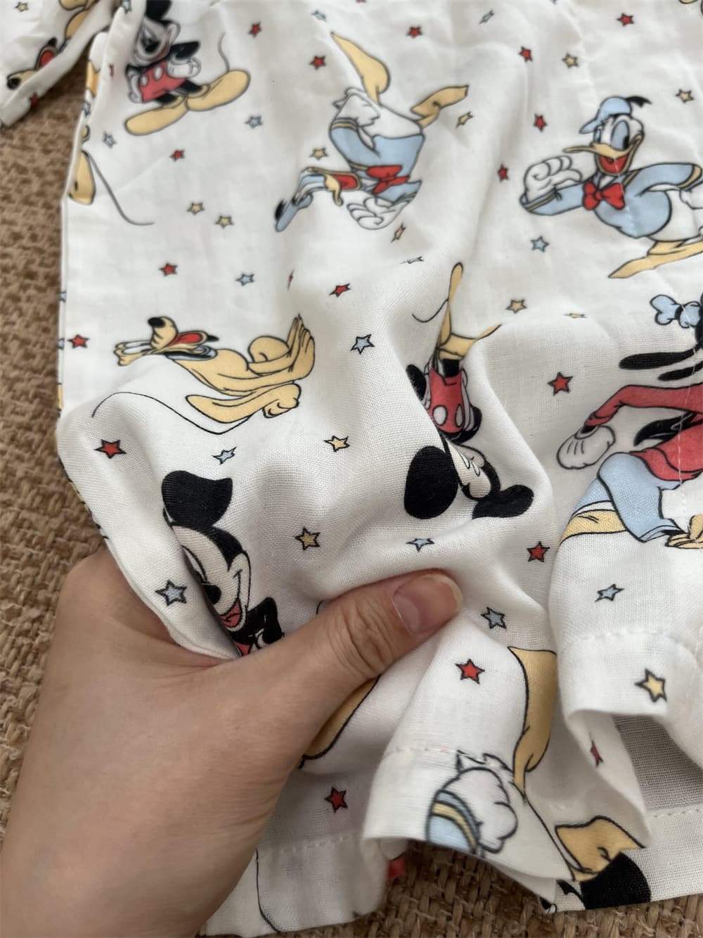 Disney Mickey Donald Pluto Goofy Print Cotton Pajama Set, Women Short Sleeve Button Down Loungewear S-XL
