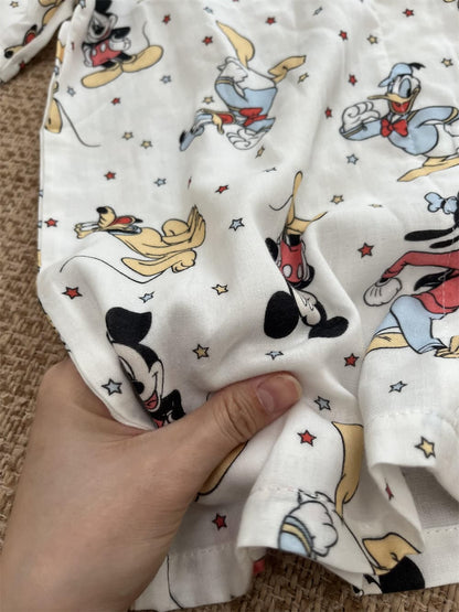Disney Mickey Donald Pluto Goofy Print Cotton Pajama Set, Women Short Sleeve Button Down Loungewear S-XL