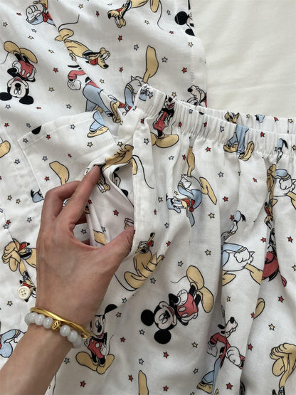 Disney Mickey Donald Pluto Goofy Print Cotton Pajama Set, Women Short Sleeve Button Down Loungewear S-XL