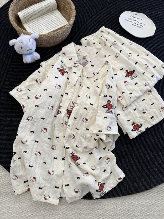 Cute Hello Kitty Planet Bow Crinkle Cotton Pajama Set, Women Short Sleeve Button Down Loungewear S–XL