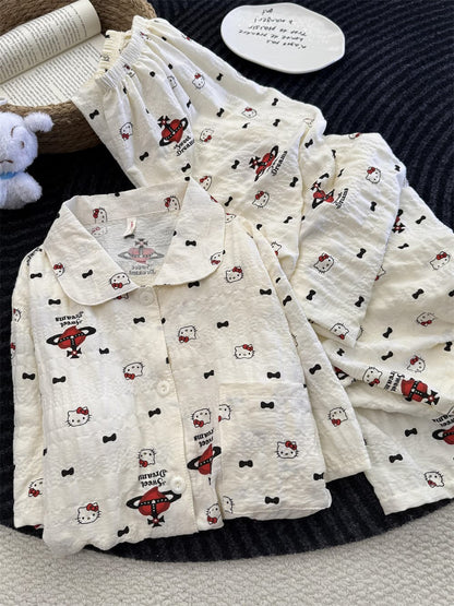 Cute Hello Kitty Planet Bow Crinkle Cotton Pajama Set, Women Short Sleeve Button Down Loungewear S–XL