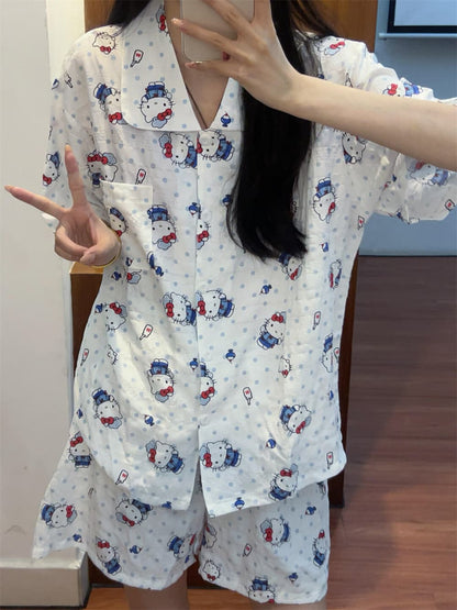 Cute Blue Polka Dot Hello Kitty Crinkle Cotton Pajama Set, Women Short Sleeve Button Down Loungewear 2 Styles Shorts & Long Pants S–XL