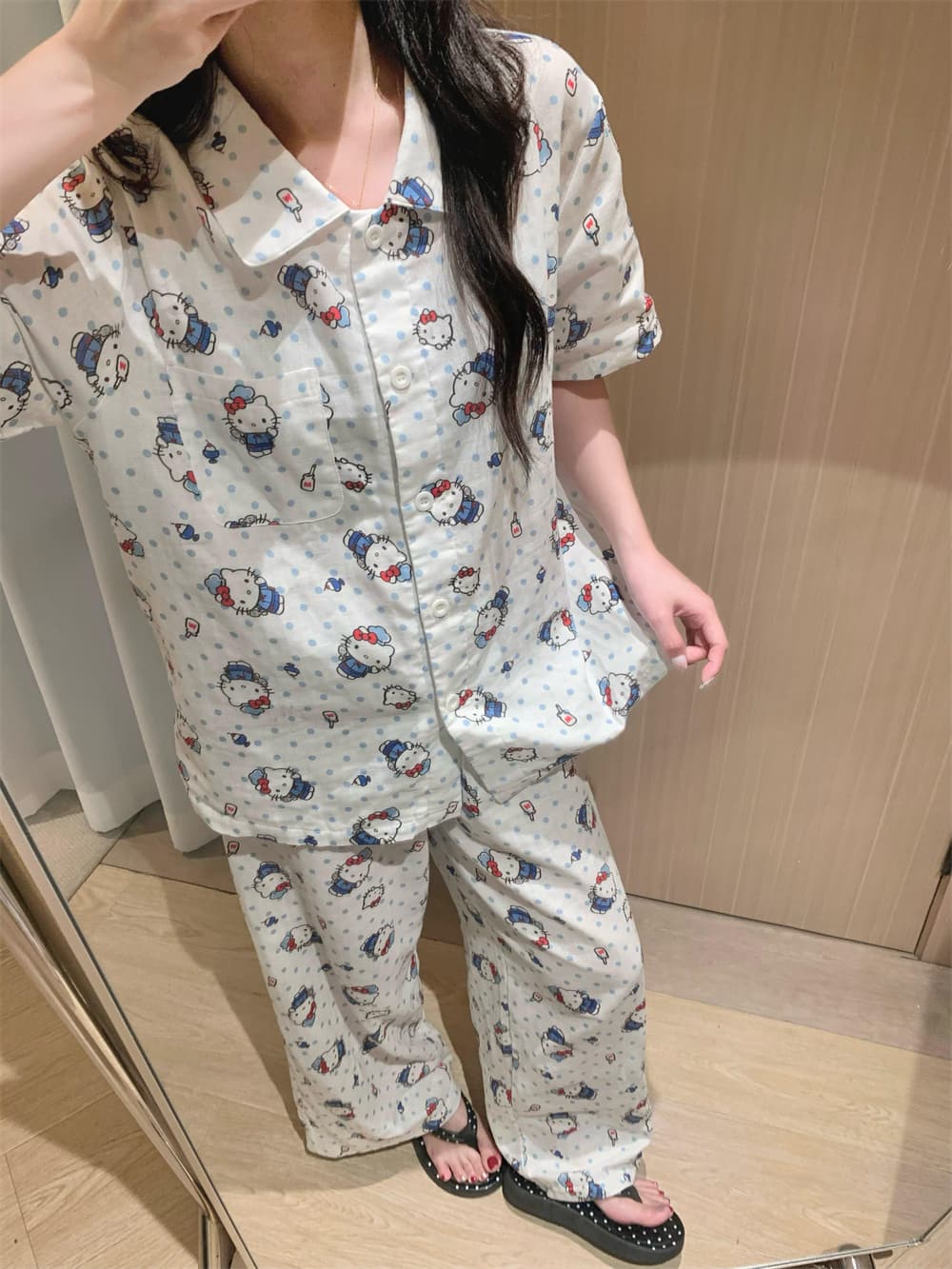 Cute Blue Polka Dot Hello Kitty Crinkle Cotton Pajama Set, Women Short Sleeve Button Down Loungewear 2 Styles Shorts & Long Pants S–XL