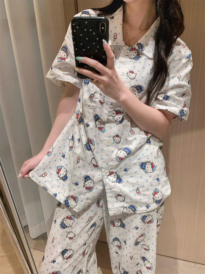 Cute Blue Polka Dot Hello Kitty Crinkle Cotton Pajama Set, Women Short Sleeve Button Down Loungewear 2 Styles Shorts & Long Pants S–XL