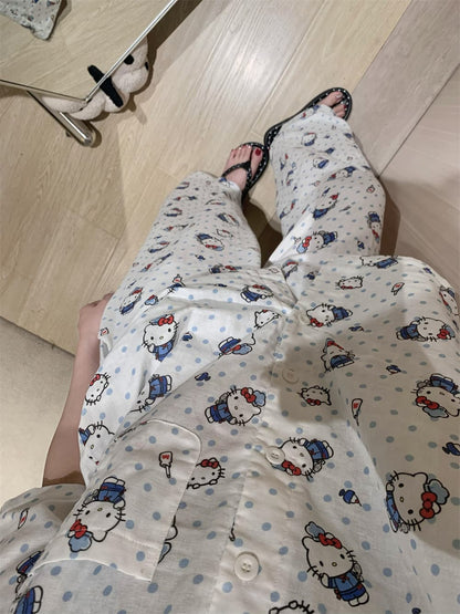 Cute Blue Polka Dot Hello Kitty Crinkle Cotton Pajama Set, Women Short Sleeve Button Down Loungewear 2 Styles Shorts & Long Pants S–XL