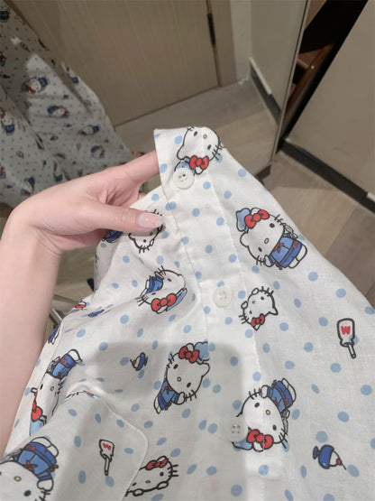 Cute Blue Polka Dot Hello Kitty Crinkle Cotton Pajama Set, Women Short Sleeve Button Down Loungewear 2 Styles Shorts & Long Pants S–XL