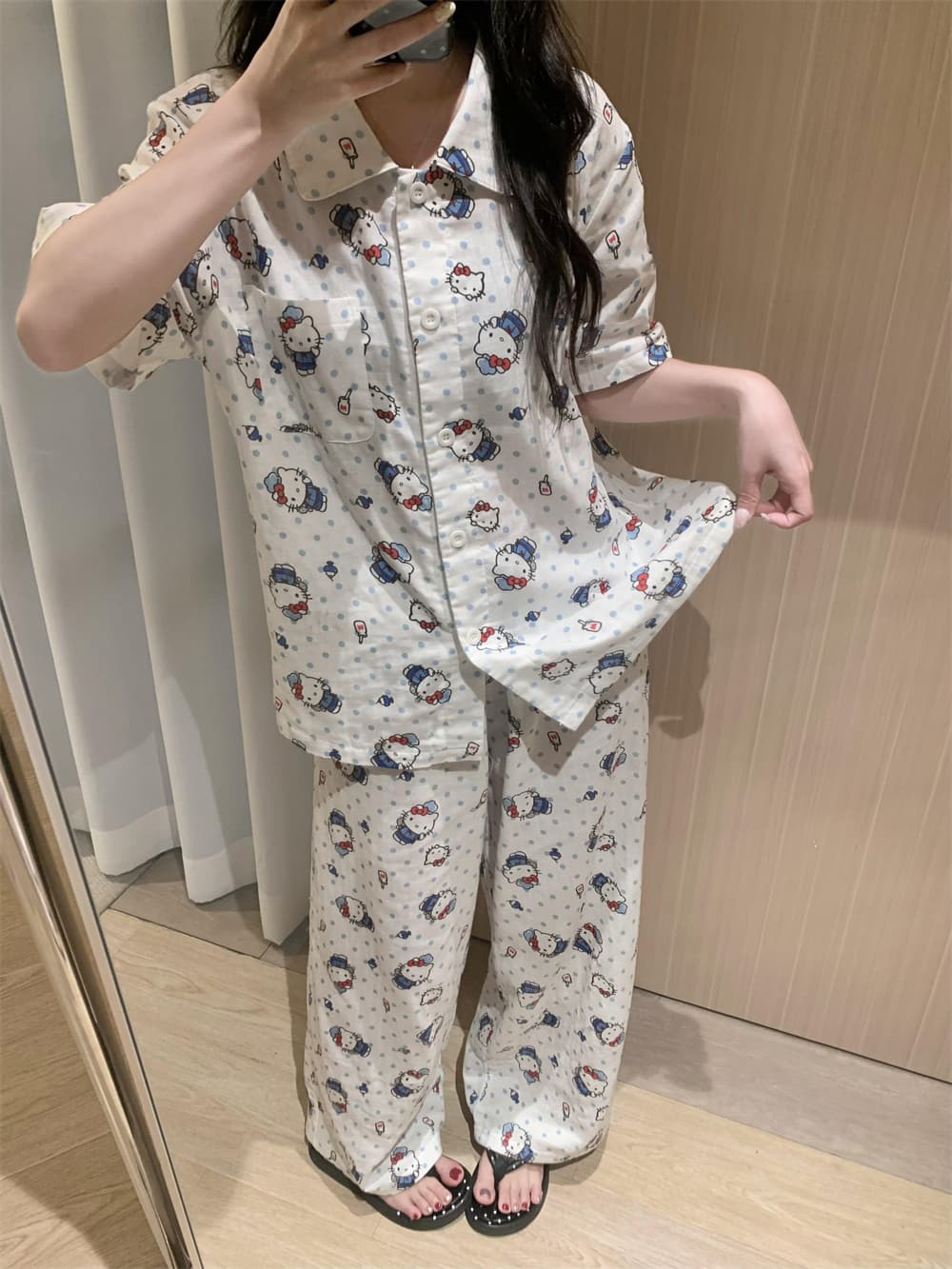 Cute Blue Polka Dot Hello Kitty Crinkle Cotton Pajama Set, Women Short Sleeve Button Down Loungewear 2 Styles Shorts & Long Pants S–XL