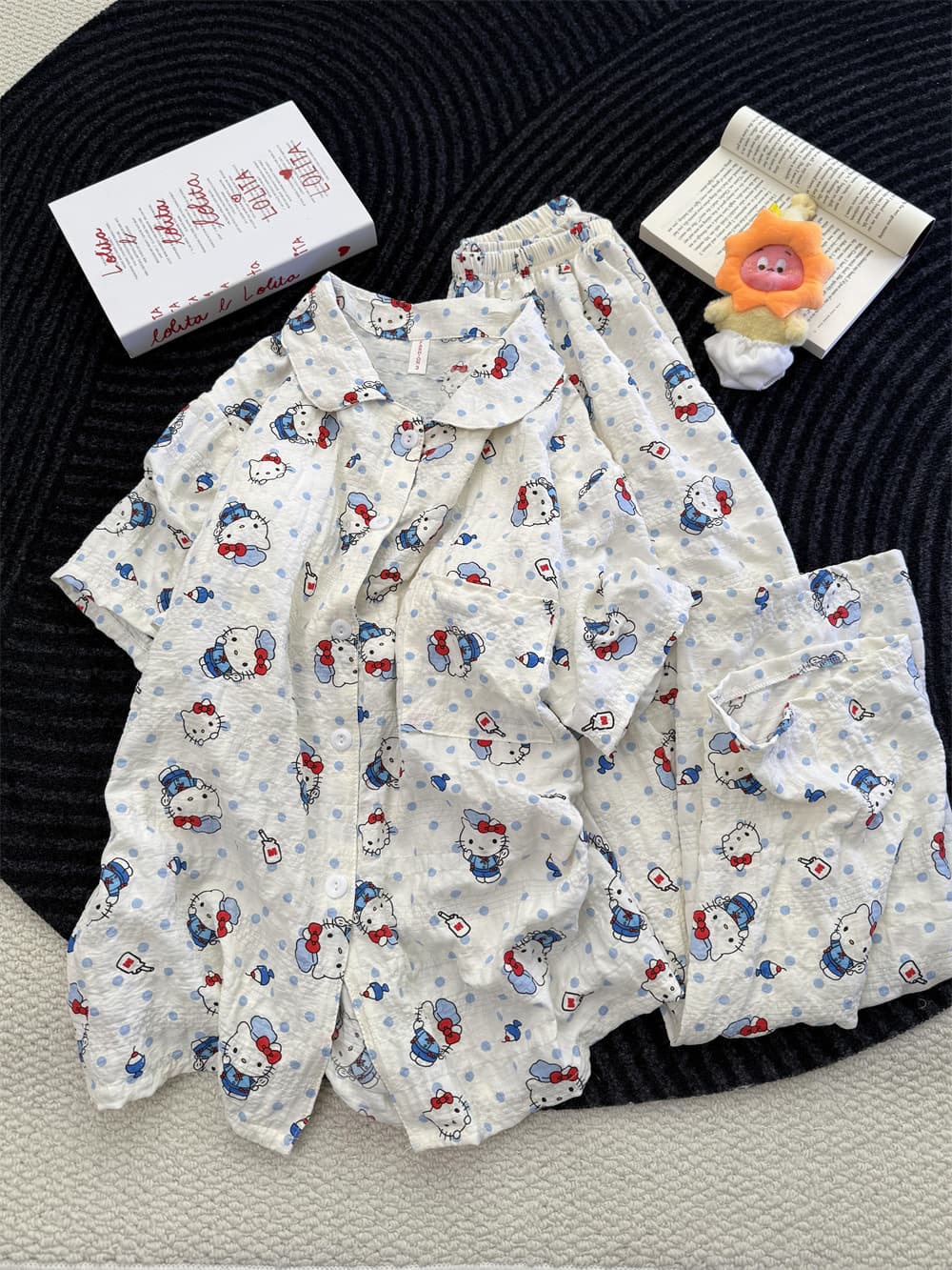 Cute Blue Polka Dot Hello Kitty Crinkle Cotton Pajama Set, Women Short Sleeve Button Down Loungewear 2 Styles Shorts & Long Pants S–XL