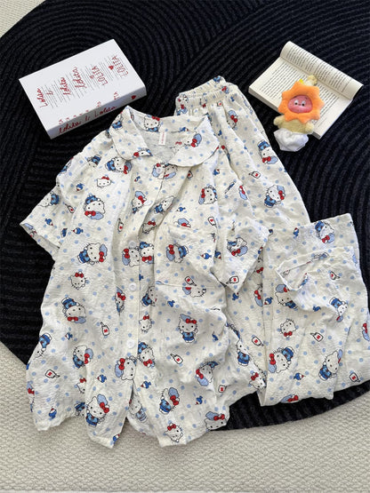 Cute Blue Polka Dot Hello Kitty Crinkle Cotton Pajama Set, Women Short Sleeve Button Down Loungewear 2 Styles Shorts & Long Pants S–XL
