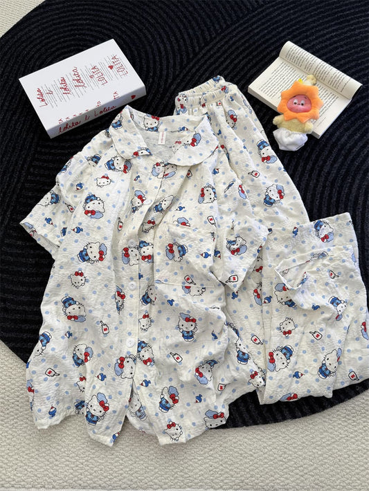 Cute Blue Polka Dot Hello Kitty Crinkle Cotton Pajama Set, Women Short Sleeve Button Down Loungewear 2 Styles Shorts & Long Pants S–XL