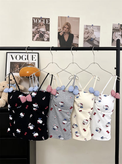 Hello Kitty Y2K Sweet Bow Knot Spaghetti Strap Cami Top with Removable Gingham Bow Pins (Available in 4 Colors)