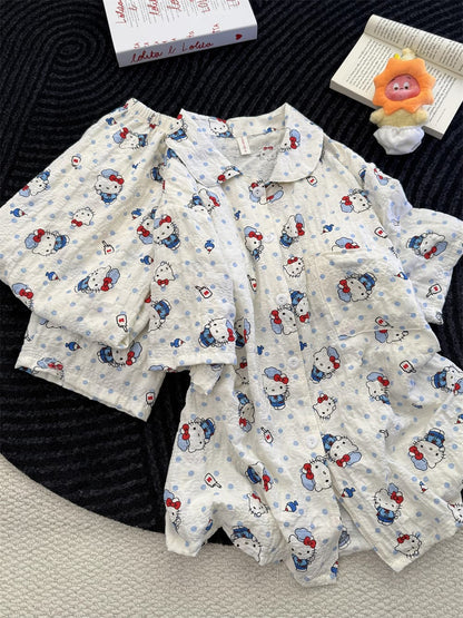 Cute Blue Polka Dot Hello Kitty Crinkle Cotton Pajama Set, Women Short Sleeve Button Down Loungewear 2 Styles Shorts & Long Pants S–XL