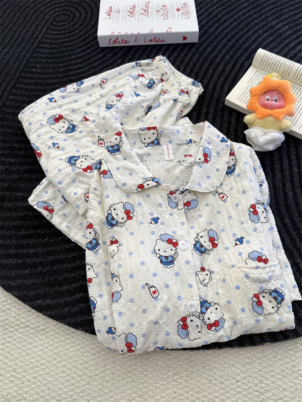 Cute Blue Polka Dot Hello Kitty Crinkle Cotton Pajama Set, Women Short Sleeve Button Down Loungewear 2 Styles Shorts & Long Pants S–XL