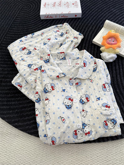 Cute Blue Polka Dot Hello Kitty Crinkle Cotton Pajama Set, Women Short Sleeve Button Down Loungewear 2 Styles Shorts & Long Pants S–XL