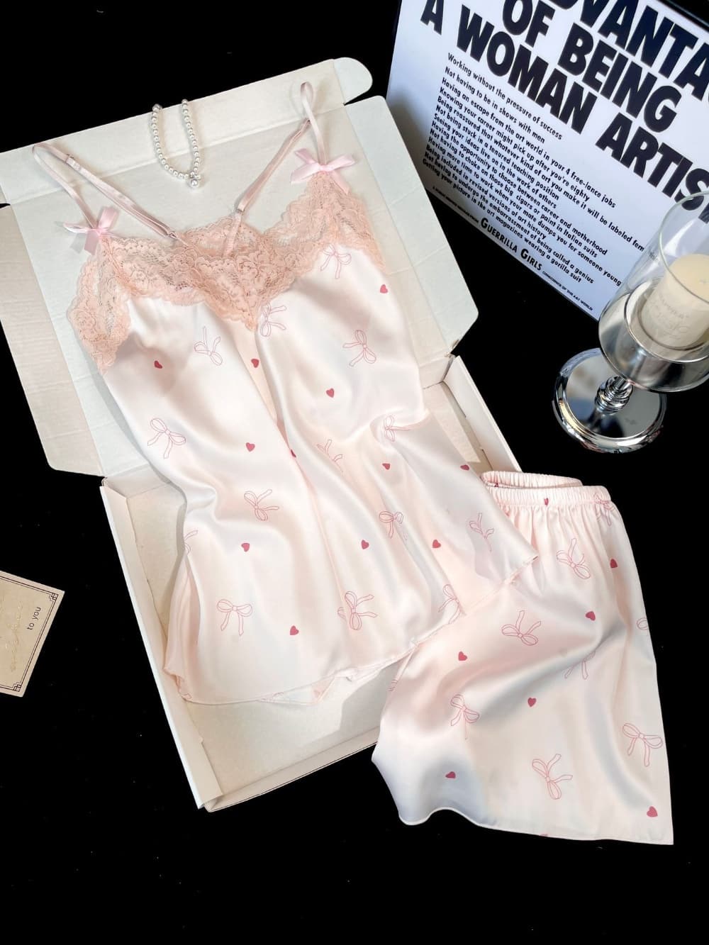 Soft Pink Bow Heart Print Satin Camisole Pajama Set, Women Lace V Neck Sleeveless Loungewear Shorts Sleep Set S–XL