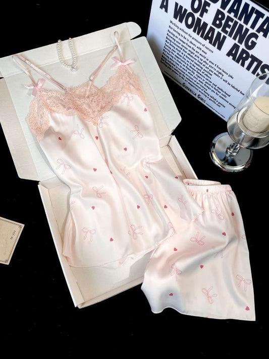 Soft Pink Bow Heart Print Satin Camisole Pajama Set, Women Lace V Neck Sleeveless Loungewear Shorts Sleep Set S–XL