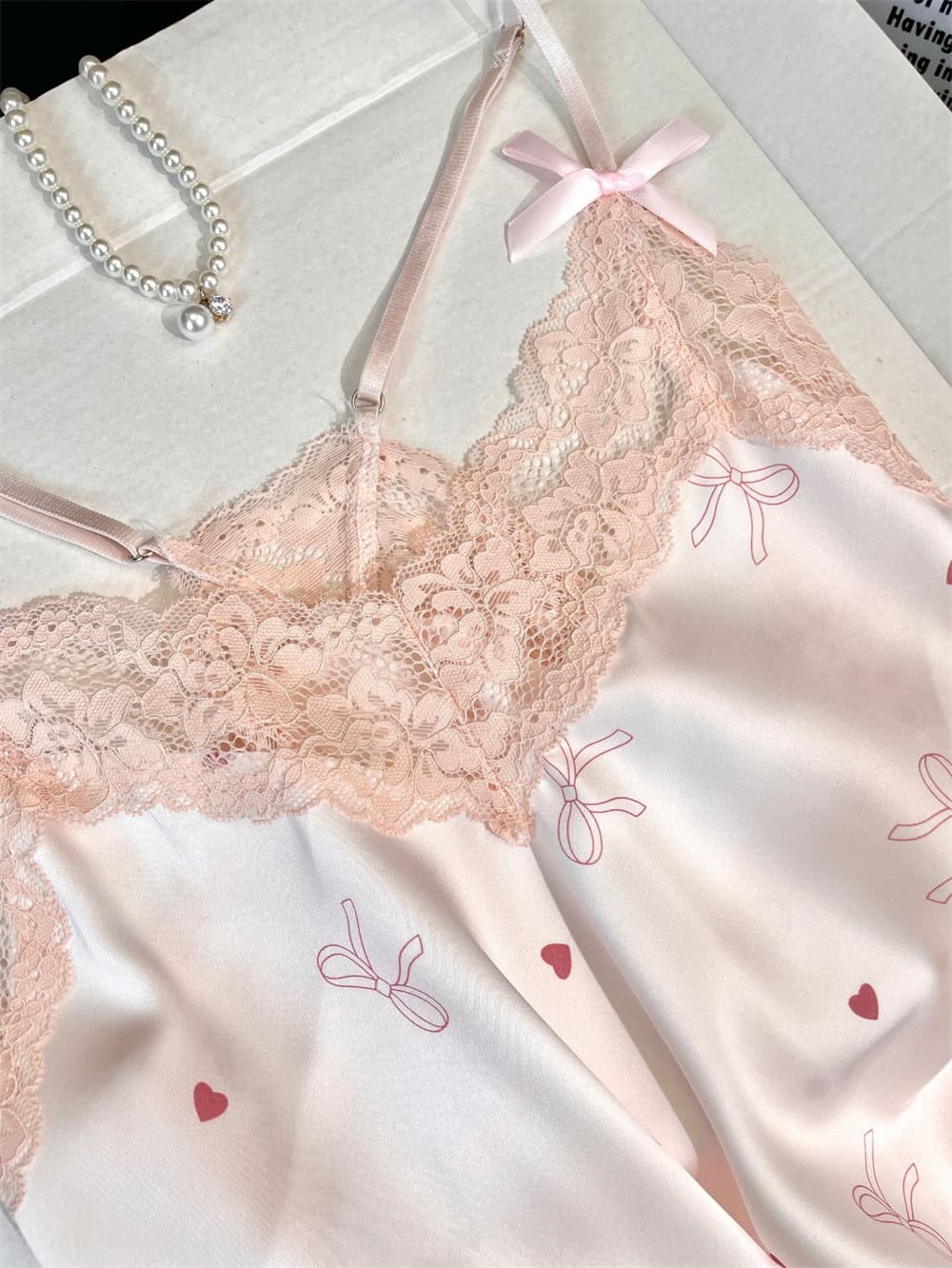 Soft Pink Bow Heart Print Satin Camisole Pajama Set, Women Lace V Neck Sleeveless Loungewear Shorts Sleep Set S–XL
