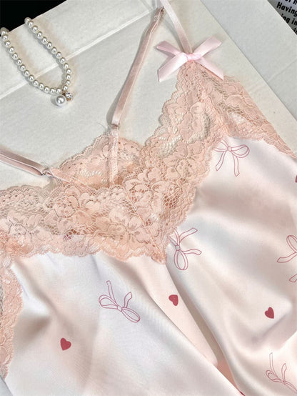 Soft Pink Bow Heart Print Satin Camisole Pajama Set, Women Lace V Neck Sleeveless Loungewear Shorts Sleep Set S–XL