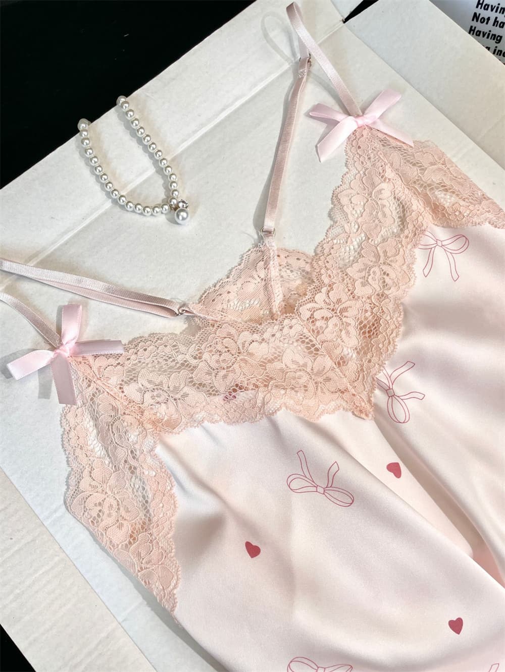 Soft Pink Bow Heart Print Satin Camisole Pajama Set, Women Lace V Neck Sleeveless Loungewear Shorts Sleep Set S–XL