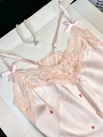 Soft Pink Bow Heart Print Satin Camisole Pajama Set, Women Lace V Neck Sleeveless Loungewear Shorts Sleep Set S–XL
