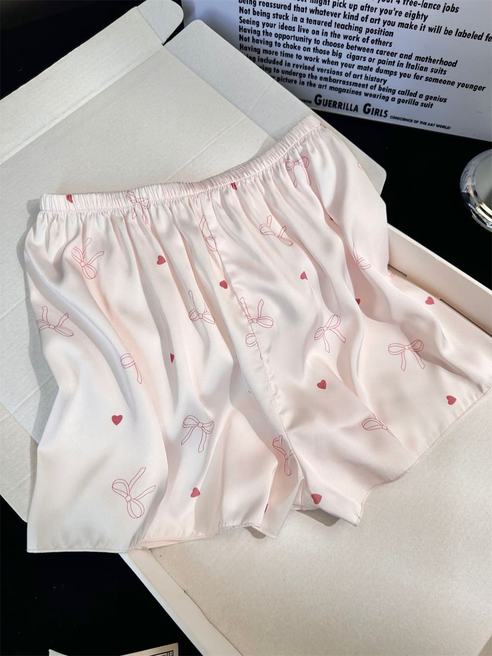 Soft Pink Bow Heart Print Satin Camisole Pajama Set, Women Lace V Neck Sleeveless Loungewear Shorts Sleep Set S–XL
