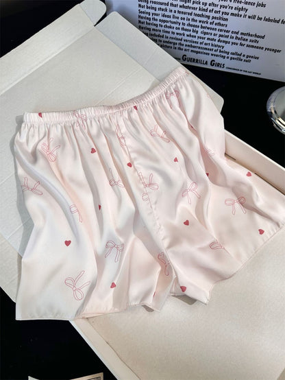 Soft Pink Bow Heart Print Satin Camisole Pajama Set, Women Lace V Neck Sleeveless Loungewear Shorts Sleep Set S–XL