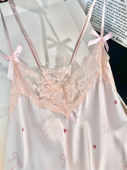 Soft Pink Bow Heart Print Satin Camisole Pajama Set, Women Lace V Neck Sleeveless Loungewear Shorts Sleep Set S–XL