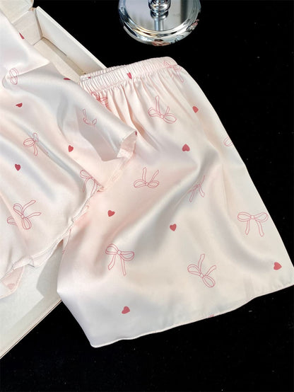 Soft Pink Bow Heart Print Satin Camisole Pajama Set, Women Lace V Neck Sleeveless Loungewear Shorts Sleep Set S–XL