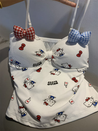 Hello Kitty Y2K Sweet Bow Knot Spaghetti Strap Cami Top with Removable Gingham Bow Pins (Available in 4 Colors)