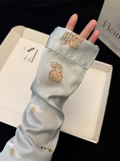 Light Blue Beach Vacation Hello Kitty Satin Pajama Set, Women Lapel Button Down Long Sleeve & Wide Leg Long Pants Loungewear S-XL