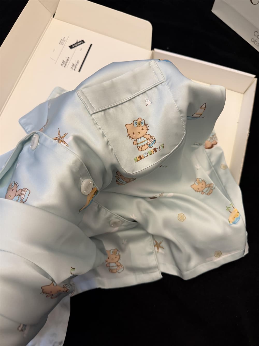 Light Blue Beach Vacation Hello Kitty Satin Pajama Set, Women Lapel Button Down Long Sleeve & Wide Leg Long Pants Loungewear S-XL
