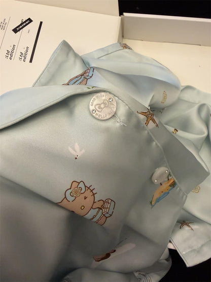 Light Blue Beach Vacation Hello Kitty Satin Pajama Set, Women Lapel Button Down Long Sleeve & Wide Leg Long Pants Loungewear S-XL