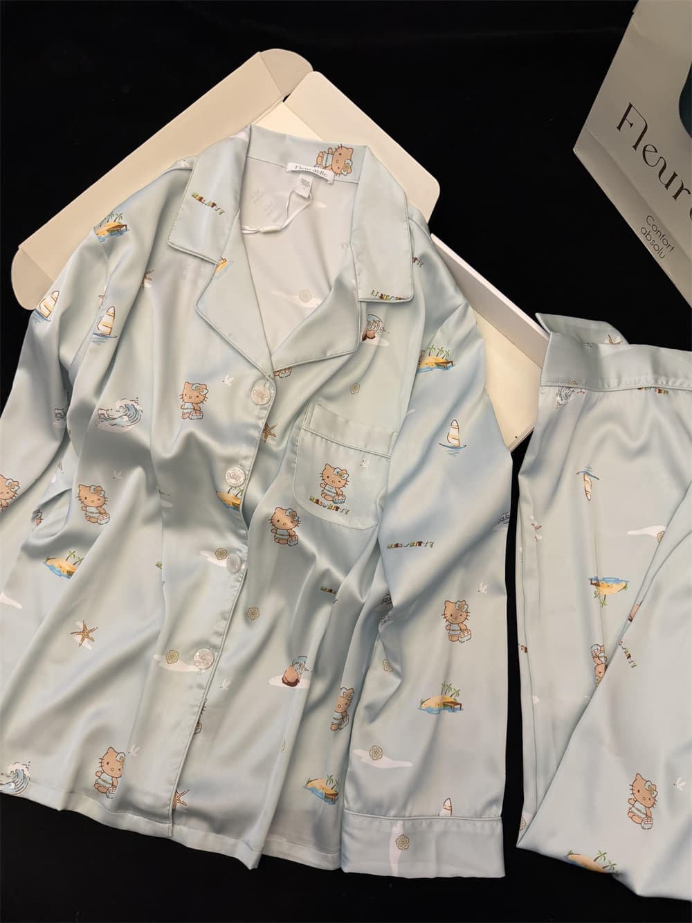 Light Blue Beach Vacation Hello Kitty Satin Pajama Set, Women Lapel Button Down Long Sleeve & Wide Leg Long Pants Loungewear S-XL