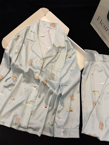 Light Blue Beach Vacation Hello Kitty Satin Pajama Set, Women Lapel Button Down Long Sleeve & Wide Leg Long Pants Loungewear S-XL