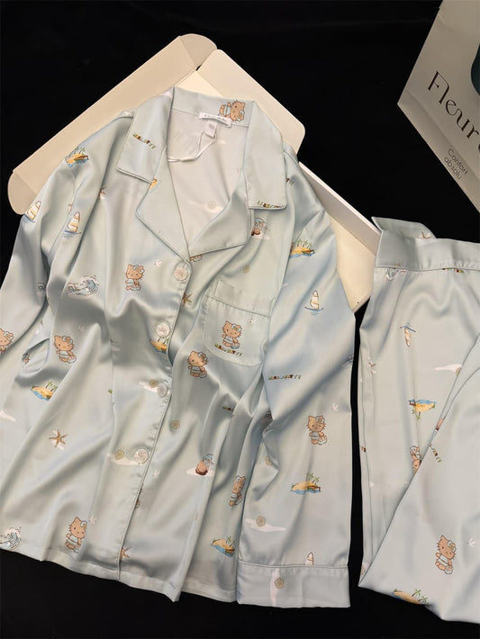 Light Blue Beach Vacation Hello Kitty Satin Pajama Set, Women Lapel Button Down Long Sleeve & Wide Leg Long Pants Loungewear S-XL