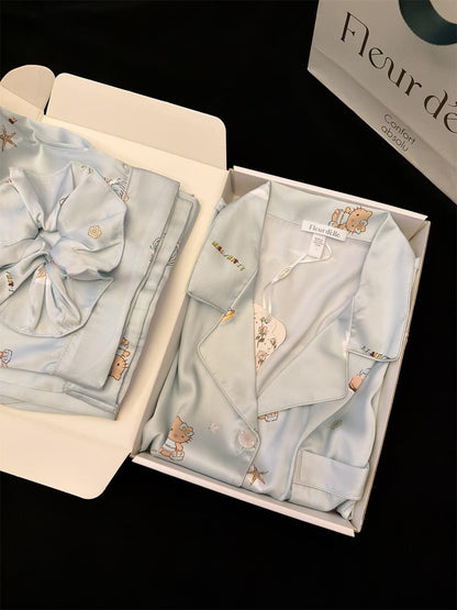 Light Blue Beach Vacation Hello Kitty Satin Pajama Set, Women Lapel Button Down Long Sleeve & Wide Leg Long Pants Loungewear S-XL